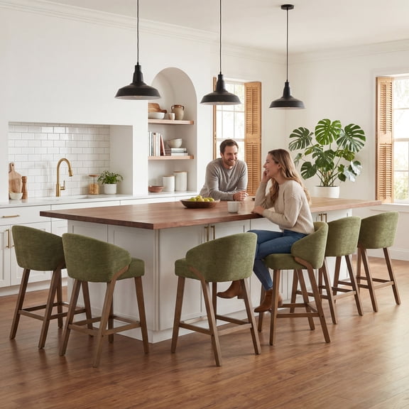 Guyou Modern Bar Stools Set of 6, 26" Counter Height Bar Stools with Footrests, Chenille Upholstered Kitchen Island Chairs for Dining Rooms, Kitchens, and Bars, Green