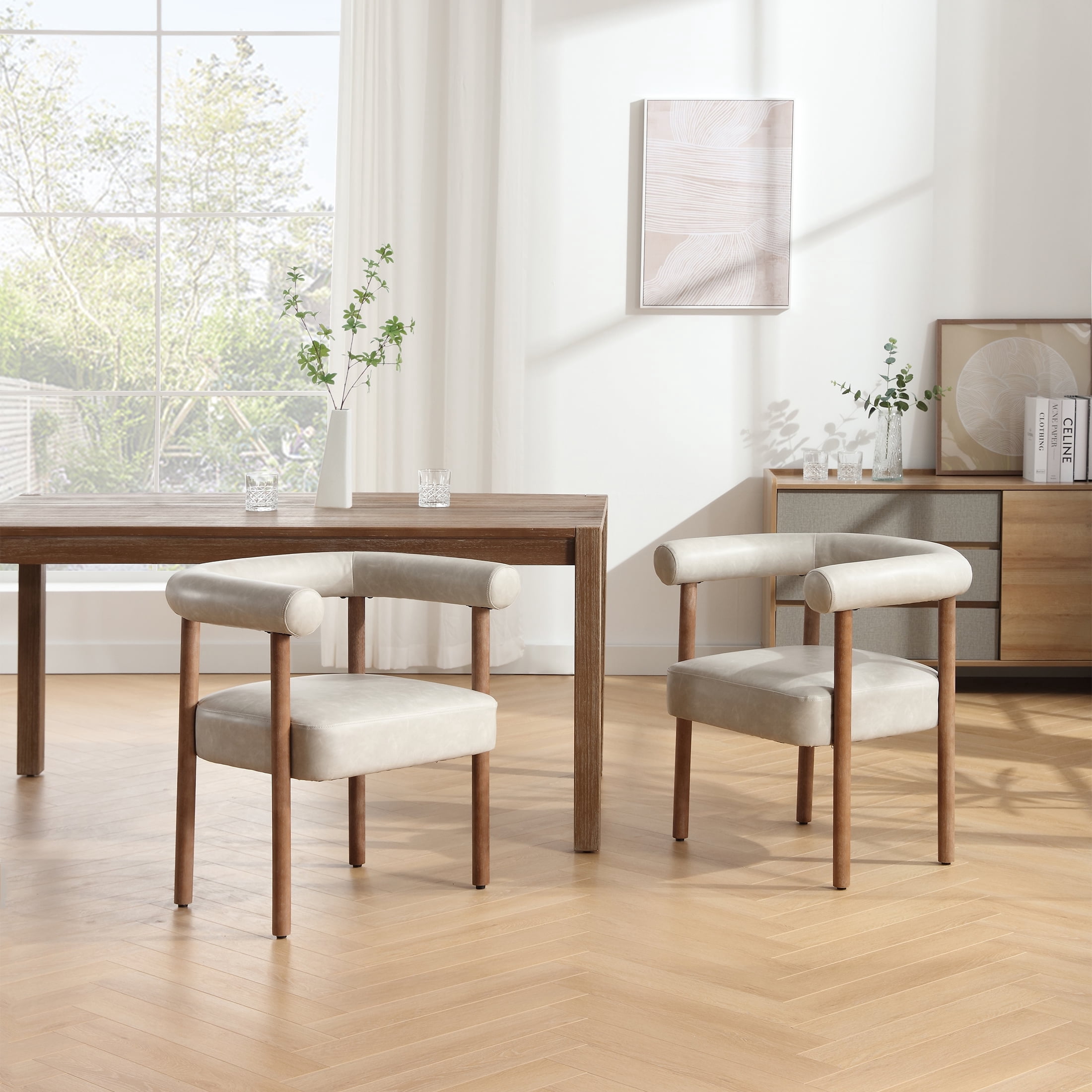 Guyou Modern Barrel Dining Chairs Set of 2, Mid-Century Farmhouse Kitchen Chairs with Curved Back, Wooden PU Upholstered Dining Side Chairs for Dining Room Living Room Kitchen, Light Grey