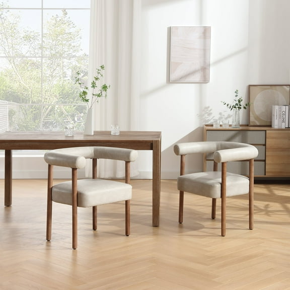 Guyou Modern Barrel Dining Chairs Set of 2, Mid-Century Farmhouse Kitchen Chairs with Curved Back, Wooden PU Upholstered Dining Side Chairs for Dining Room Living Room Kitchen, Light Grey