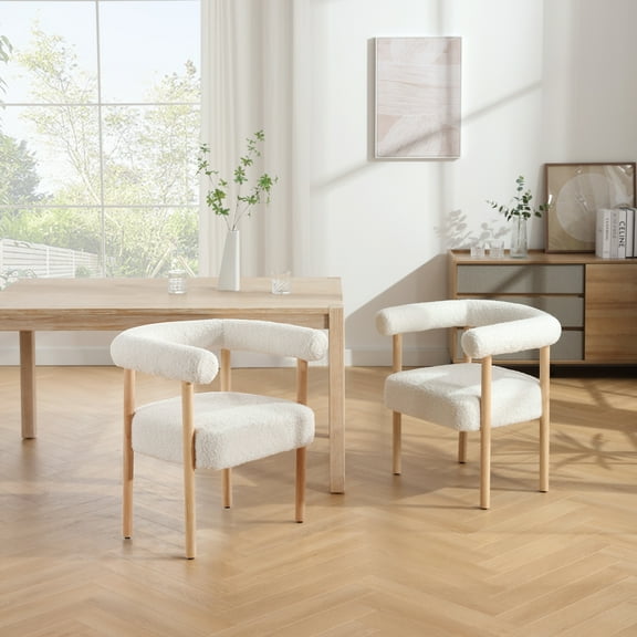 Guyou Modern Barrel Dining Chairs Set of 2, Mid-Century Farmhouse Kitchen Chairs with Curved Back, Wooden Sherpa Upholstered Dining Side Chairs for Dining Room Living Room Kitchen, White
