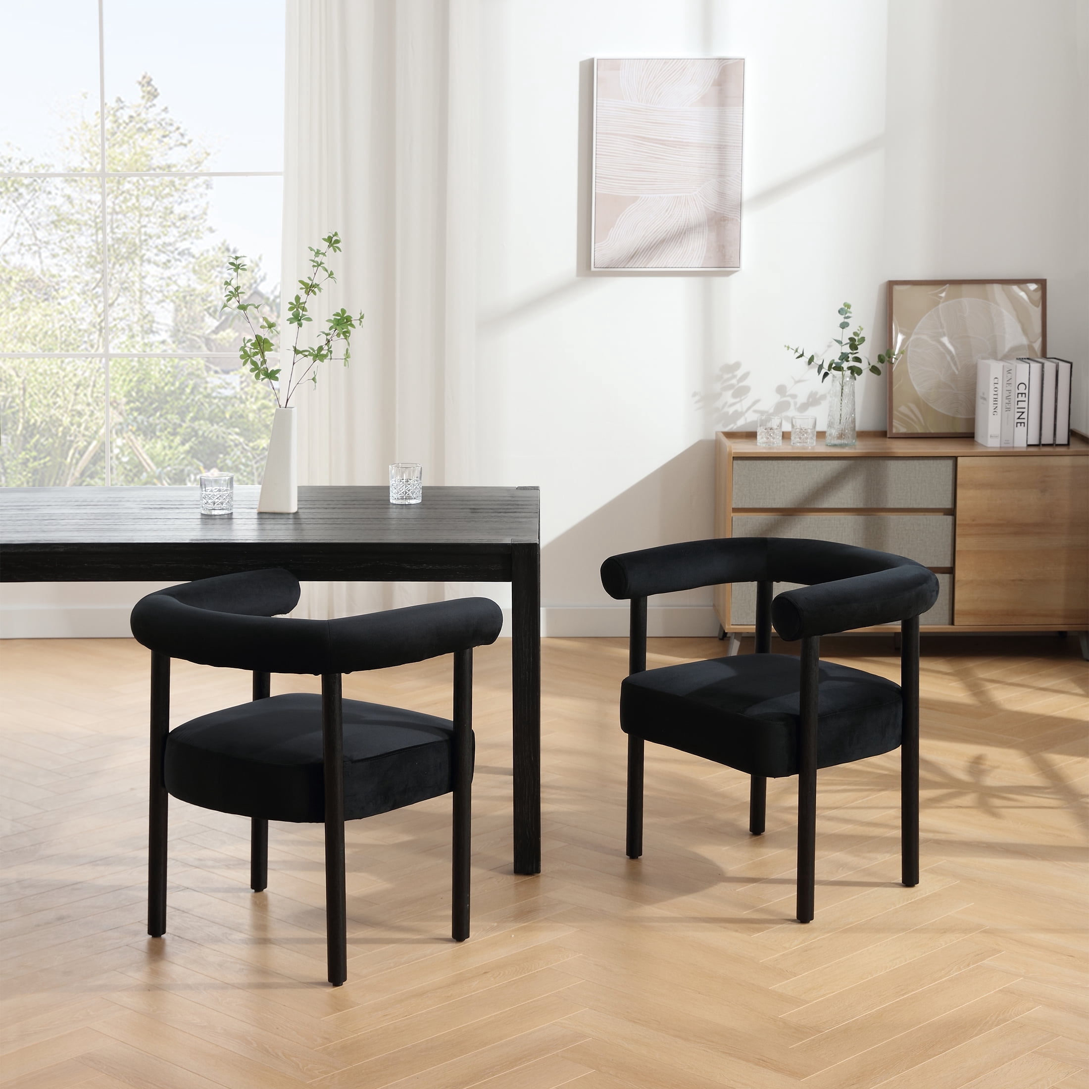 Guyou Modern Barrel Dining Chairs Set of 2, Mid-Century Farmhouse Kitchen Chairs with Curved Back, Wooden Velvet Upholstered Dining Side Chairs for Dining Room Living Room Kitchen, Black