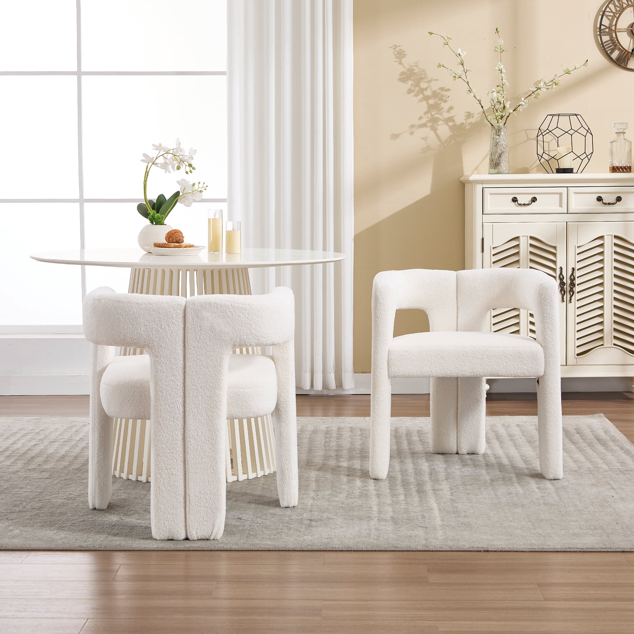 Guyou Modern Boucle Dining Chair Set of 2, Linen Upholstered Barrel Chair, Comfy Armchair with Open Backrest, Vanity Side Chair Accent Chair for Living Room Bedroom Dining Room, Beige