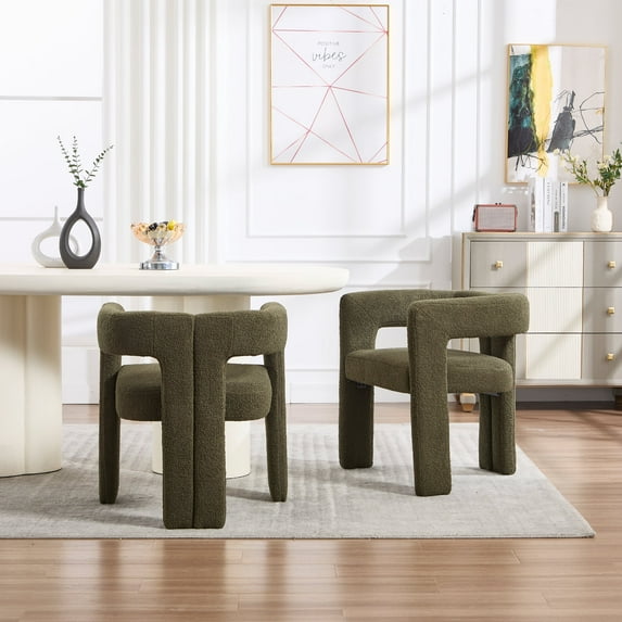 Guyou Modern Boucle Dining Chair Set of 2, Sherpa Upholstered Barrel Chair, Comfy Armchair with Open Backrest, Vanity Side Chair Accent Chair for Living Room Bedroom Dining Room, Green