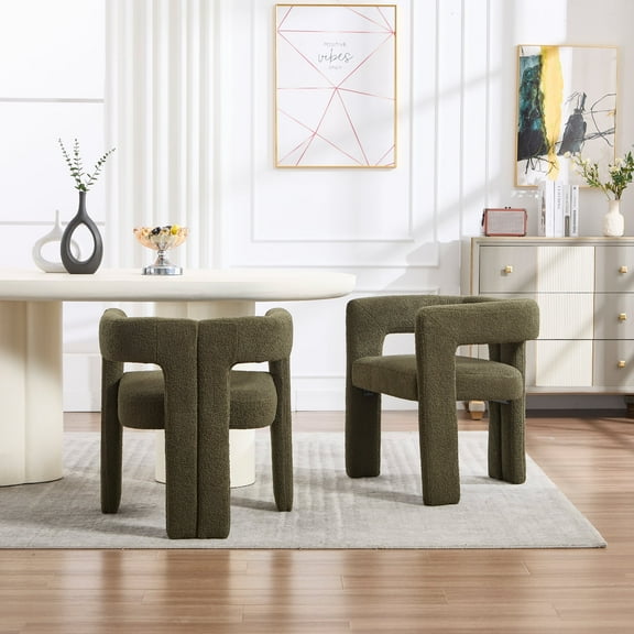 Guyou Modern Boucle Dining Chair Set of 2, Sherpa Upholstered Barrel Chair, Comfy Armchair with Open Backrest, Vanity Side Chair Accent Chair for Living Room Bedroom Dining Room, Green