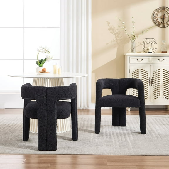 Guyou Modern Boucle Dining Chair Set of 2, Sherpa Upholstered Barrel Chair, Comfy Armchair with Open Backrest, Vanity Side Chair Accent Chair for Living Room Bedroom Dining Room, Black