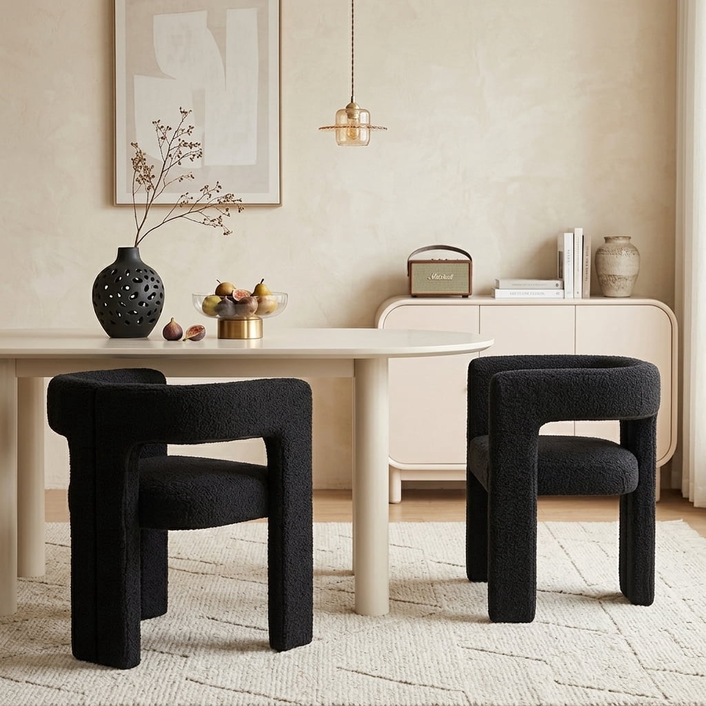 Guyou Modern Boucle Dining Chair Set of 2, Sherpa Upholstered Barrel Chair, Comfy Armchair with Open Backrest, Vanity Side Chair Accent Chair for Living Room Bedroom Dining Room, Black