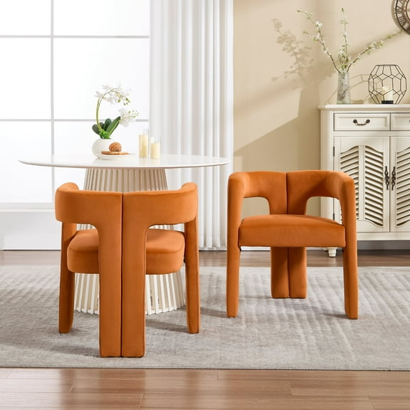 Guyou Modern Boucle Dining Chair Set of 2, Velvet Upholstered Barrel Chair, Comfy Armchair with Open Backrest, Vanity Side Chair Accent Chair for Living Room Bedroom Dining Room, Orange