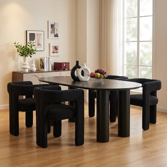Guyou Modern Boucle Dining Chair Set of 4, Sherpa Upholstered Barrel Chair, Comfy Armchair with Open Backrest, Vanity Side Chair Accent Chair for Living Room Bedroom Dining Room, Black