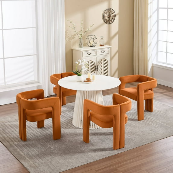 Guyou Modern Boucle Dining Chair Set of 4, Velvet Upholstered Barrel Chair, Comfy Armchair with Open Backrest, Vanity Side Chair Accent Chair for Living Room Bedroom Dining Room, Orange