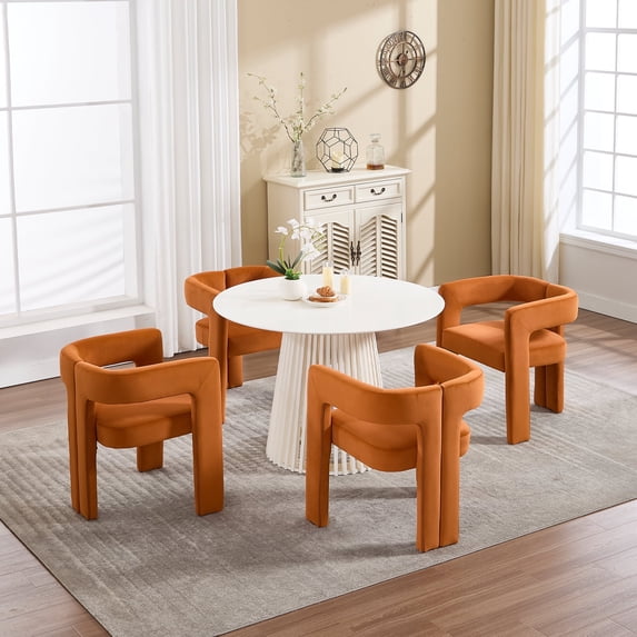 Guyou Modern Boucle Dining Chair Set of 4, Velvet Upholstered Barrel Chair, Comfy Armchair with Open Backrest, Vanity Side Chair Accent Chair for Living Room Bedroom Dining Room, Orange