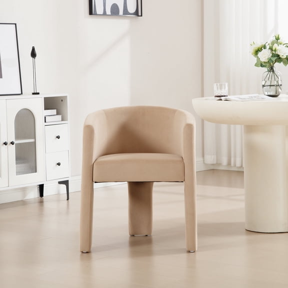 Guyou Modern Boucle Dining Chairs, Barrel Velvet Side Chair with Curved Backrest and Arms, Comfy Dressing Vanity Chairs, Upholstered Kitchen Chairs for Living Room Bedroom Dining Room, Khaki