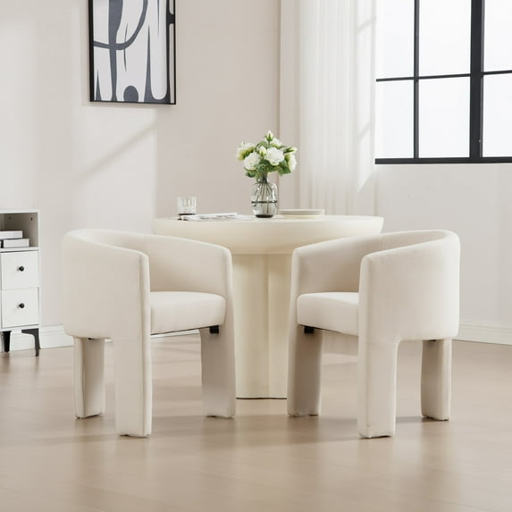 Guyou Modern Boucle Dining Chairs Set of 2, Barrel Linen Side Chair with Curved Backrest and Arms, Comfy Dressing Vanity Chairs, Upholstered Kitchen Chairs for Living Room Bedroom Dining Room, Beige