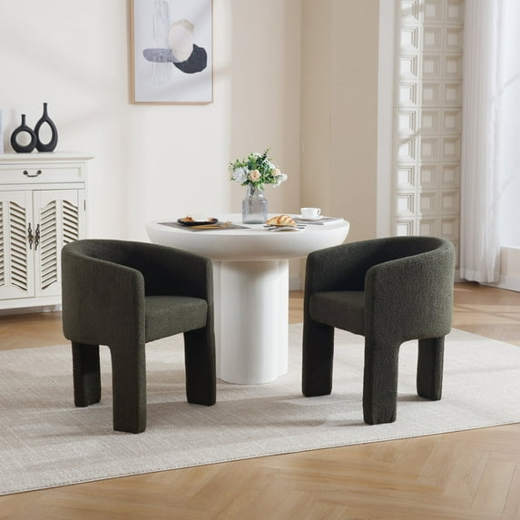 Guyou Modern Boucle Dining Chairs Set of 2, Barrel Sherpa Side Chair with Curved Backrest and Arms, Comfy Dressing Vanity Chairs, Upholstered Kitchen Chairs for Living Room Bedroom Dining Room, Green