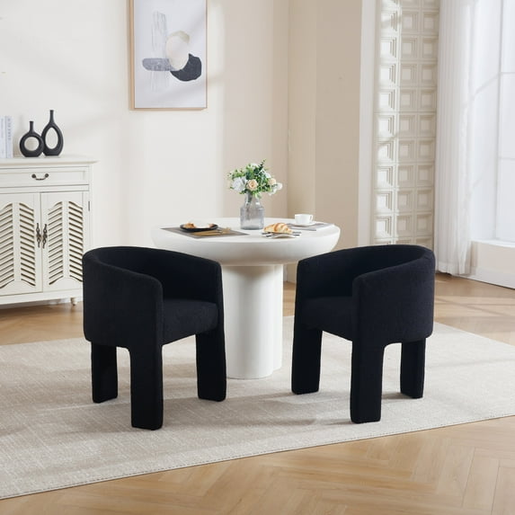 Guyou Modern Boucle Dining Chairs Set of 2, Barrel Sherpa Side Chair with Curved Backrest and Arms, Comfy Dressing Vanity Chairs, Upholstered Kitchen Chairs for Living Room Bedroom Dining Room, Black