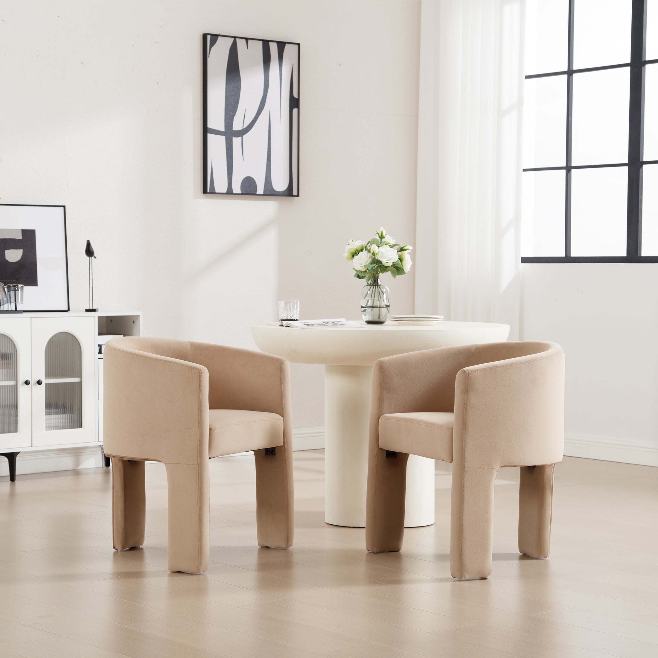 Guyou Modern Boucle Dining Chairs Set of 2, Barrel Velvet Side Chair with Curved Backrest and Arms, Comfy Dressing Vanity Chairs, Upholstered Kitchen Chairs for Living Room Bedroom Dining Room, Khaki
