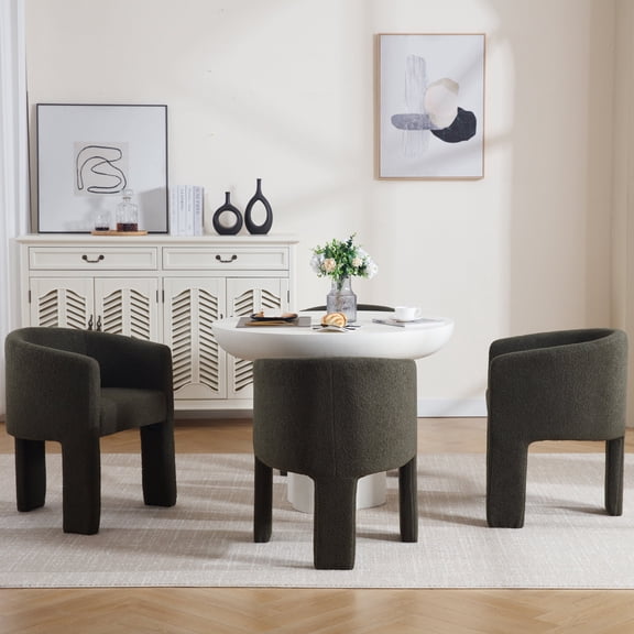 Guyou Modern Boucle Dining Chairs Set of 3, Barrel Sherpa Side Chair with Curved Backrest and Arms, Comfy Dressing Vanity Chairs, Upholstered Kitchen Chairs for Living Room Bedroom Dining Room, Green
