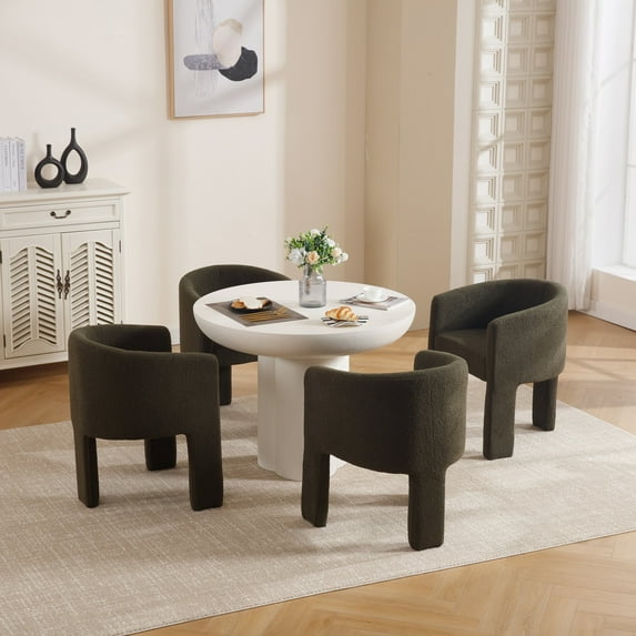 Guyou Modern Boucle Dining Chairs Set of 4, Barrel Sherpa Side Chair with Curved Backrest and Arms, Comfy Dressing Vanity Chairs, Upholstered Kitchen Chairs for Living Room Bedroom Dining Room, Green
