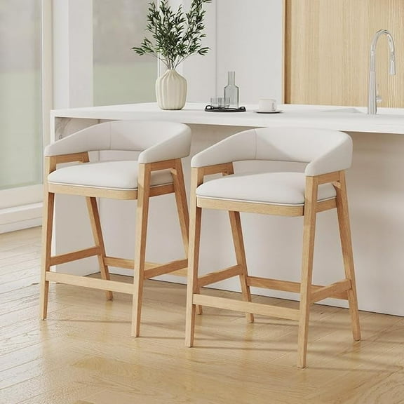 Guyou Modern Counter Height Bar Stools Set of 2, Fabric Upholstered Barstools with Barrel Back, 26" Oak Wooden Kitchen Island Stools Comfy Counter Stools for Breakfast Bar and Dining Room, Beige