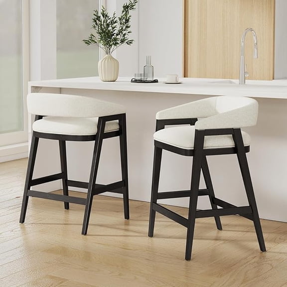 Guyou Modern Counter Height Bar Stools Set of 2, Upholstered Barstools with Barrel Back, 26" Black Wooden Kitchen Island Stools Comfy Counter Stools for Breakfast Bar and Dining Room, White Sherpa