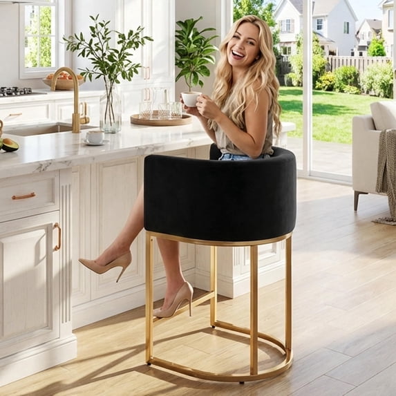 Guyou Modern Counter Height Bar Stool, 24" Velvet Counter Stools with Tall Barrel Back, Black Tubular Frame, Deep Comfortable Seat Island Stools for Kitchen Counter, Home Bars, Black