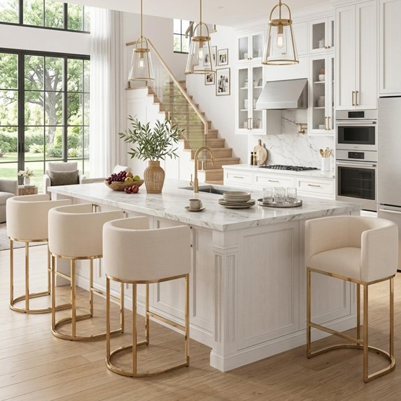 Guyou Modern Counter Height Bar Stools Set of 3, 24" Linen Counter Stools with Tall Barrel Back, Black Tubular Frame, Deep Comfortable Seat Island Stools for Kitchen Counter, Home Bars, Cream