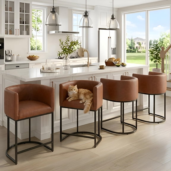 Guyou Modern Counter Height Bar Stools Set of 3, 24" Linen Counter Stools with Tall Barrel Back, Black Tubular Frame, Deep Comfortable Seat Island Stools for Kitchen Counter, Home Bars, Cream