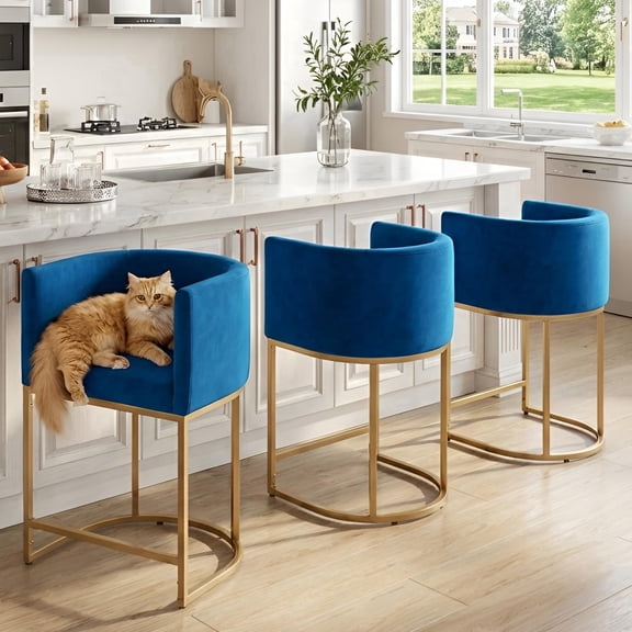 Guyou Modern Counter Height Bar Stools Set of 3, 24" Velvet Counter Stools with Tall Barrel Back, Black Tubular Frame, Deep Comfortable Seat Island Stools for Kitchen Counter, Home Bars, Blue
