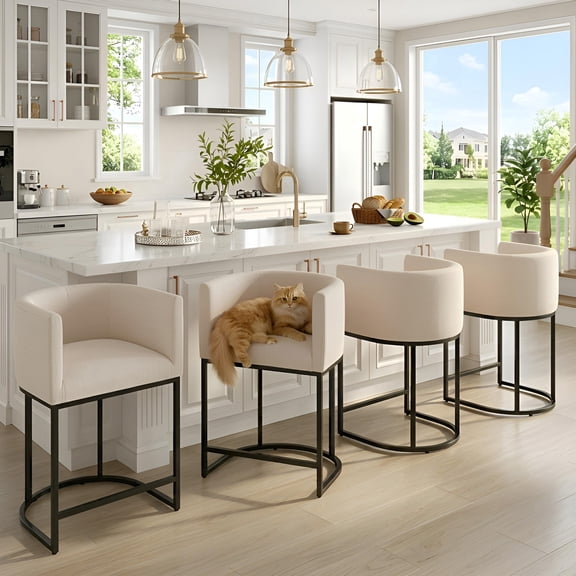 Guyou Modern Counter Height Bar Stools Set of 4, 24" Linen Counter Stools with Tall Barrel Back, Black Tubular Frame, Deep Comfortable Seat Island Stools for Kitchen Counter, Home Bars, Cream