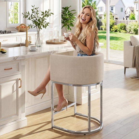 Guyou Modern Counter Height Bar Stool, 24" Linen Counter Stools with Tall Barrel Back, Black Tubular Frame, Deep Comfortable Seat Island Stools for Kitchen Counter, Home Bars, Cream