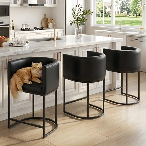 Guyou Modern Counter Height Bar Stools Set of 3, 24" PU Counter Stools with Tall Barrel Back, Black Tubular Frame, Deep Comfortable Seat Island Stools for Kitchen Counter, Home Bars, Black