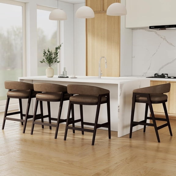 Guyou Modern Counter Height Bar Stools Set of 4, Leather Upholstered Barstools with Barrel Back, 26" Walnut Kitchen Island Stools Comfy Counter Stools for Breakfast Bar and Dining Room, PU Brown
