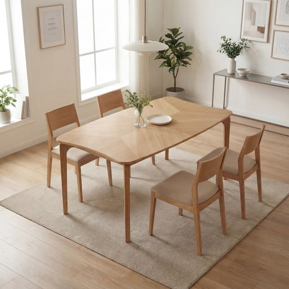 Guyou Modern Curved Edge Dining Table, 63" Solid Wood Kitchen Table with Herringbone Pattern Mid-Century Rectangular Dinner Table for 6-8 People, Natural Oak Finish