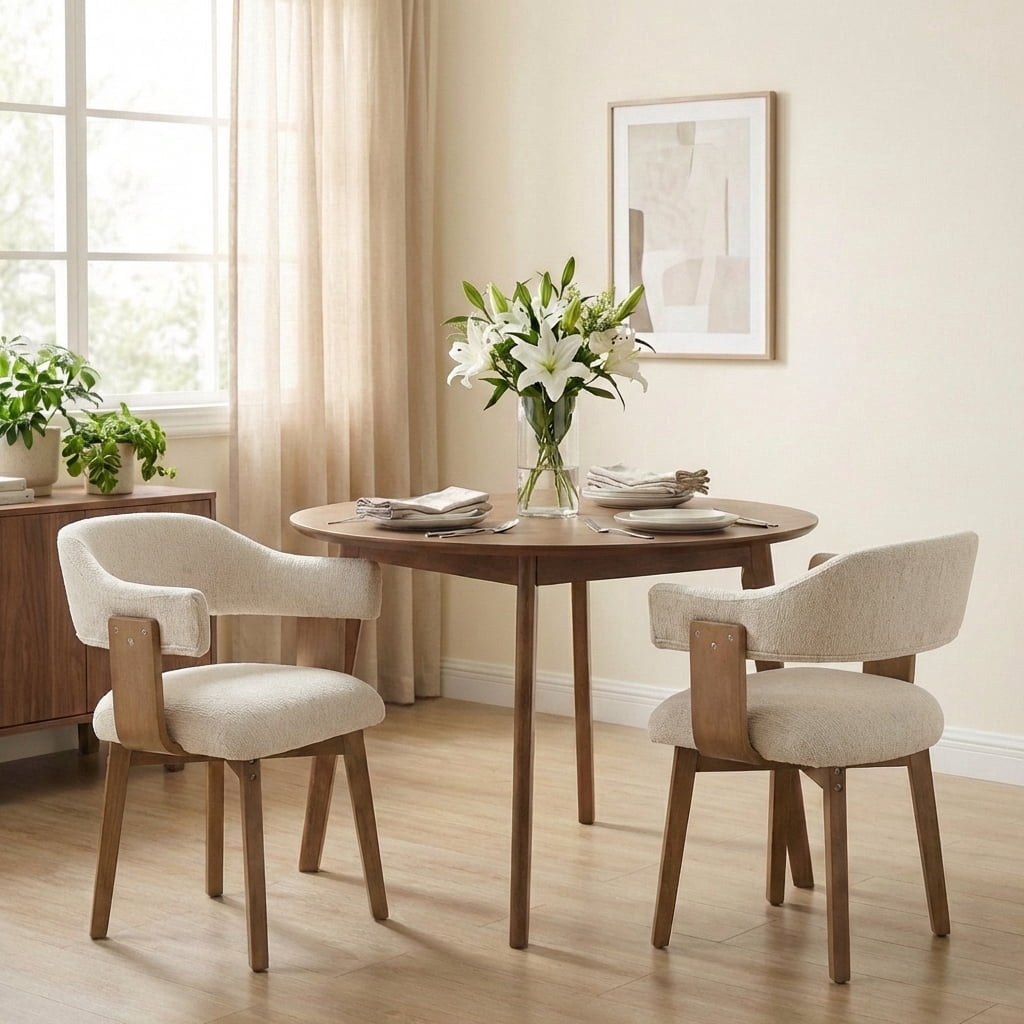 Guyou Modern Dining Chair Set of 2, Chenille Upholstered Dining Room Armchair with Curved Backrest, Mid-Century Wooden Kitchen Side Chairs for Dining Room Living Room, Beige