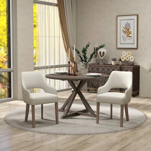 Guyou Modern Dining Chair Set of 2, Linen Upholstered Armchair Accent Side Chair with Open Back and Wooden Legs, Kitchen Chairs for Dining Room Living Room Kitchen Bedroom, Cream