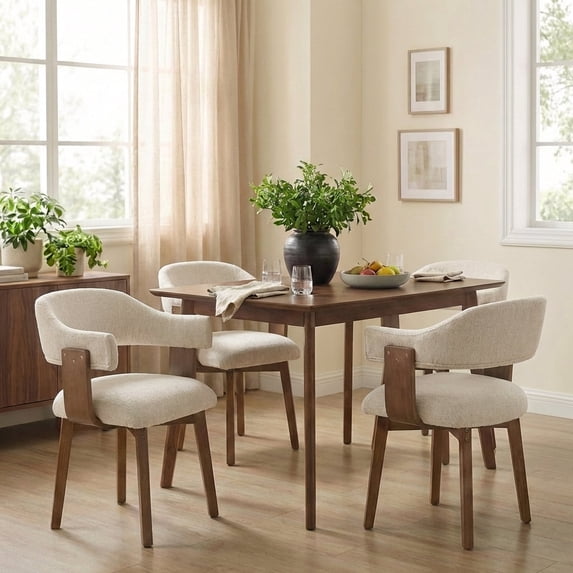 Guyou Modern Dining Chair Set of 4, Chenille Upholstered Dining Room Armchair with Curved Backrest, Mid-Century Wooden Kitchen Side Chairs for Dining Room Living Room, Beige