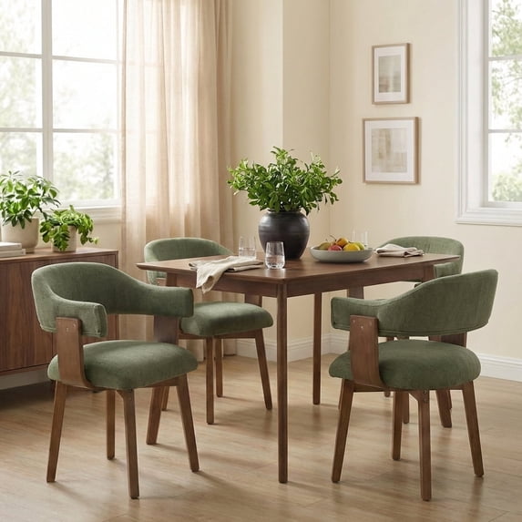 Guyou Modern Dining Chair Set of 4, Chenille Upholstered Dining Room Armchair with Curved Backrest, Mid-Century Wooden Kitchen Side Chairs for Dining Room Living Room, Green