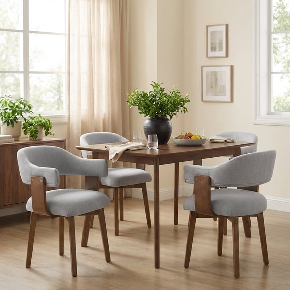 Guyou Modern Dining Chair Set of 4, Linen Upholstered Dining Room Armchair with Curved Backrest, Mid-Century Wooden Kitchen Side Chairs for Dining Room Living Room, Grey
