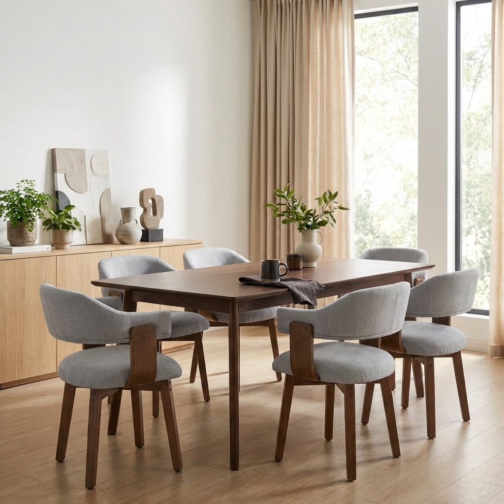 Guyou Modern Dining Chair Set of 6, Linen Upholstered Dining Room Armchair with Curved Backrest, Mid-Century Wooden Kitchen Side Chairs for Dining Room Living Room, Grey