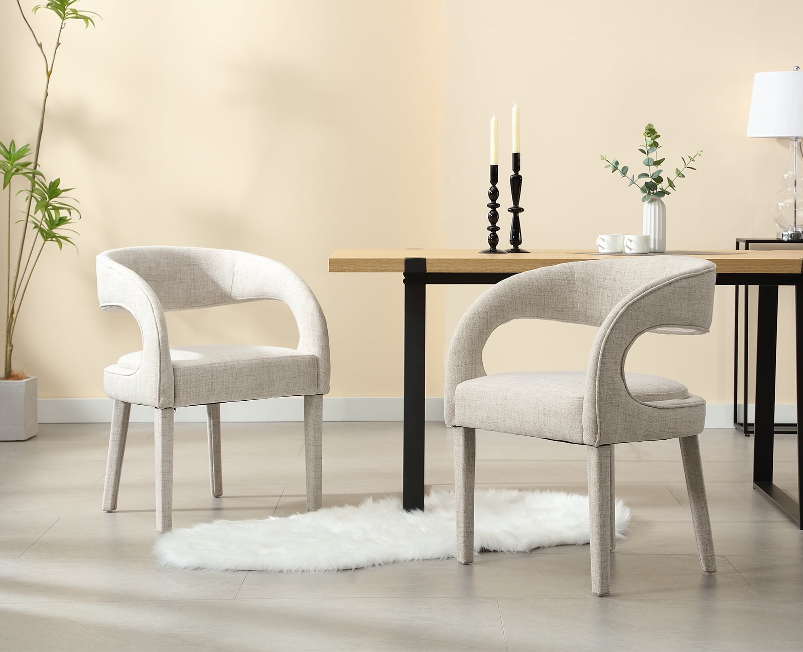 Guyou Modern Dining Chairs Set of 2, Linen Upholstered Barrel Kitchen Chairs with Open Back, Lovely Dresser Chair, Comfy Dining Side Chairs for Dining Room Bedroom Living Room, Beige