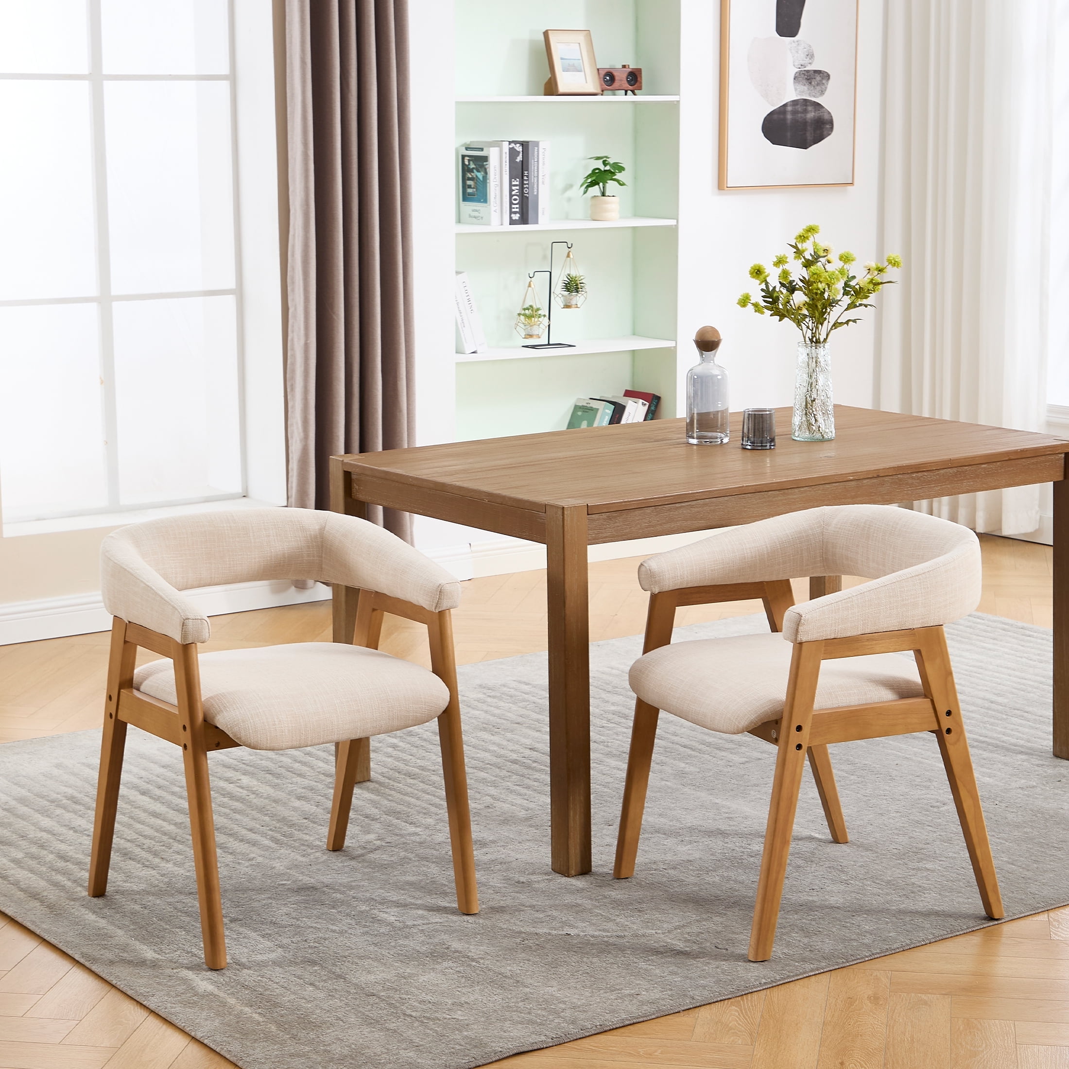 Guyou Modern Dining Chairs Set of 2, Linen Upholstered Wooden Kitchen Side Chairs, Barrel Armchair with Curved Backrest for Dining Room Kitchen Living Room, Beige
