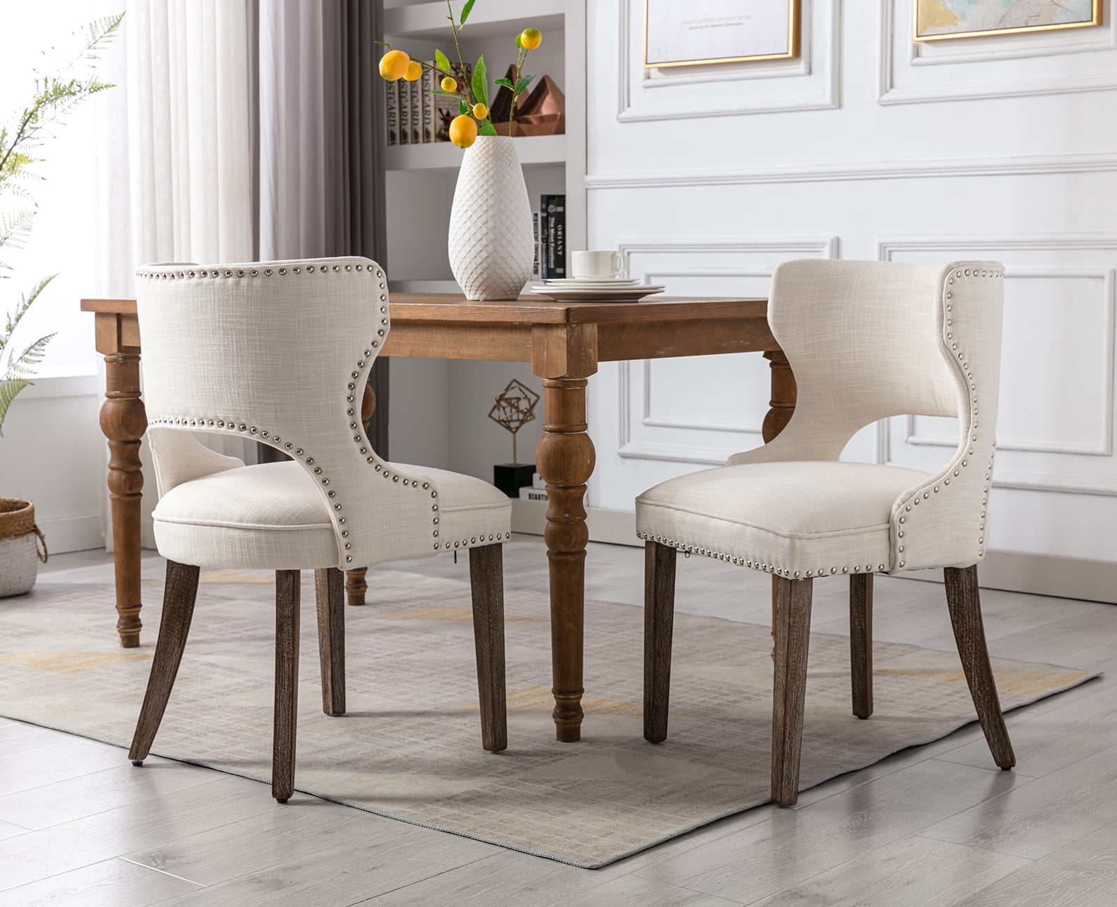 Guyou Modern Dining Chairs Set of 2 Mid century Upholstered Linen Side Chair with Wood Frame Beige Walmart