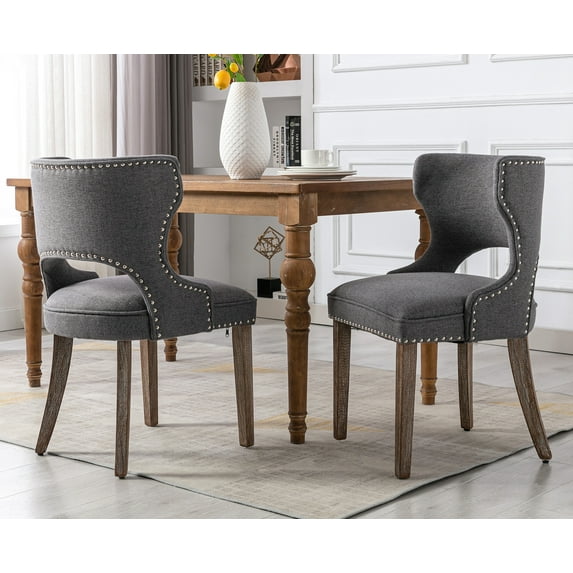 Guyou Modern Dining Chairs Set of 2, Mid-century Upholstered Linen Armless Side Chair with Nailhead Trim and Curved Back for Dining Room Living Room Kitchen, Grey