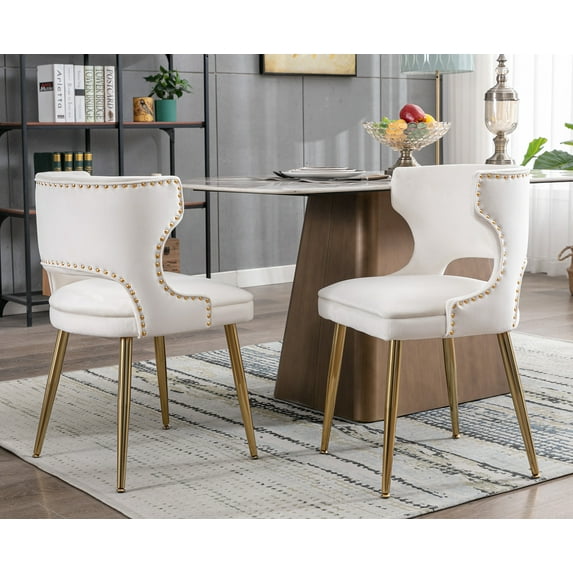 Guyou Modern Dining Chairs Set of 2, Mid-century Upholstered Velvet Armless Side Chair with Nailhead Trim and Curved Back for Dining Room Living Room Kitchen, Beige
