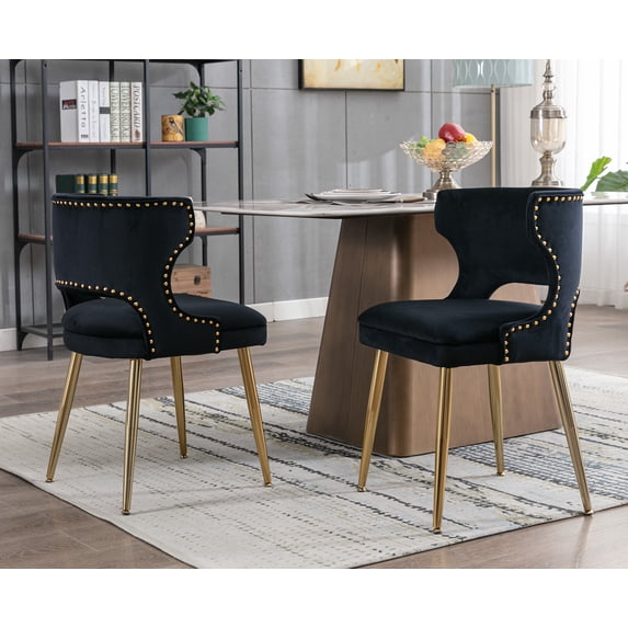 Guyou Modern Dining Chairs Set of 2, Mid-century Upholstered Velvet Armless Side Chair with Nailhead Trim and Curved Back for Dining Room Living Room Kitchen, Black