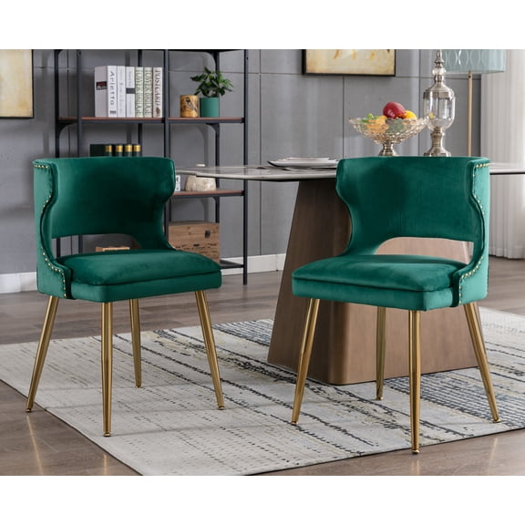 Guyou Modern Dining Chairs Set of 2, Mid-century Upholstered Velvet Armless Side Chair with Nailhead Trim and Curved Back for Dining Room Living Room Kitchen, Green