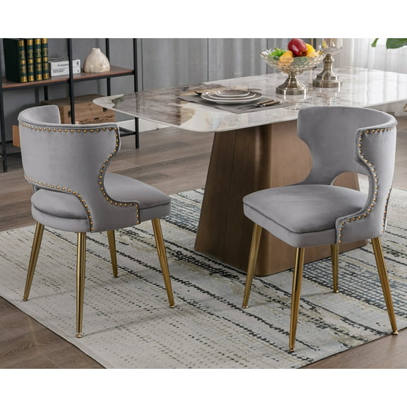 Guyou Modern Dining Chairs Set of 2, Mid-century Upholstered Velvet Armless Side Chair with Nailhead Trim and Curved Back for Dining Room Living Room Kitchen, Grey