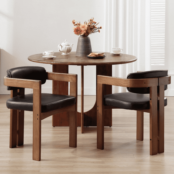 Guyou PU Leather Dining Chairs - Set of 2, 24" Wide Barrel Back Armchairs for Dining Room & Kitchen, Modern Curved Back Chairs with Black Wood Frame, Black