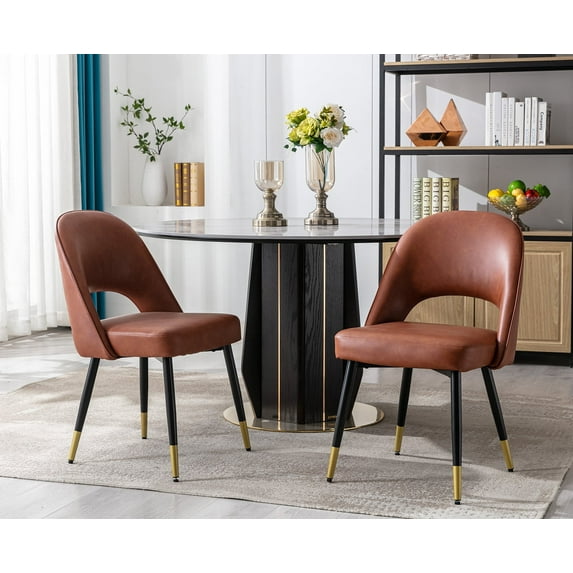 Guyou Modern Dining Chairs Set of 2, PU Upholstered Kitchen Chair with Hollow Back and Metal Legs, Armless Side Chairs for Living Room Kitchen Dining Room Bedroom, Brown