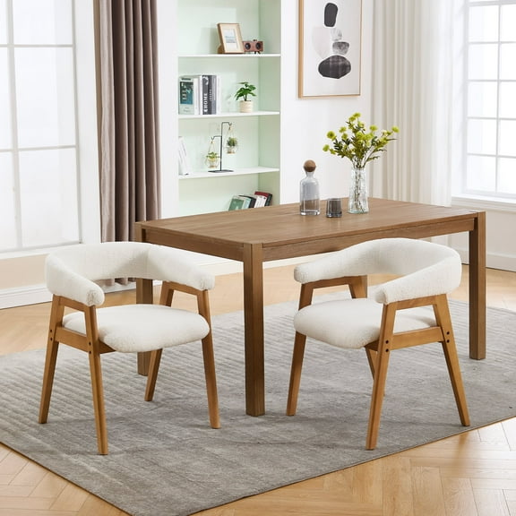 Guyou Modern Dining Chairs Set of 2, Sherpa Upholstered Wooden Kitchen Side Chairs, Barrel Armchair with Curved Backrest for Dining Room Kitchen Living Room, White
