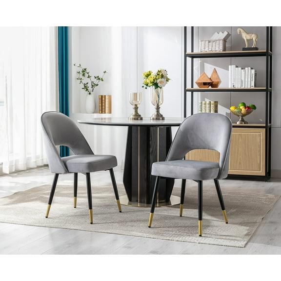 Guyou Modern Dining Chairs Set of 2, Velvet Upholstered Kitchen Chair with Hollow Back and Metal Legs, Armless Side Chairs for Living Room Kitchen Dining Room Bedroom, Grey